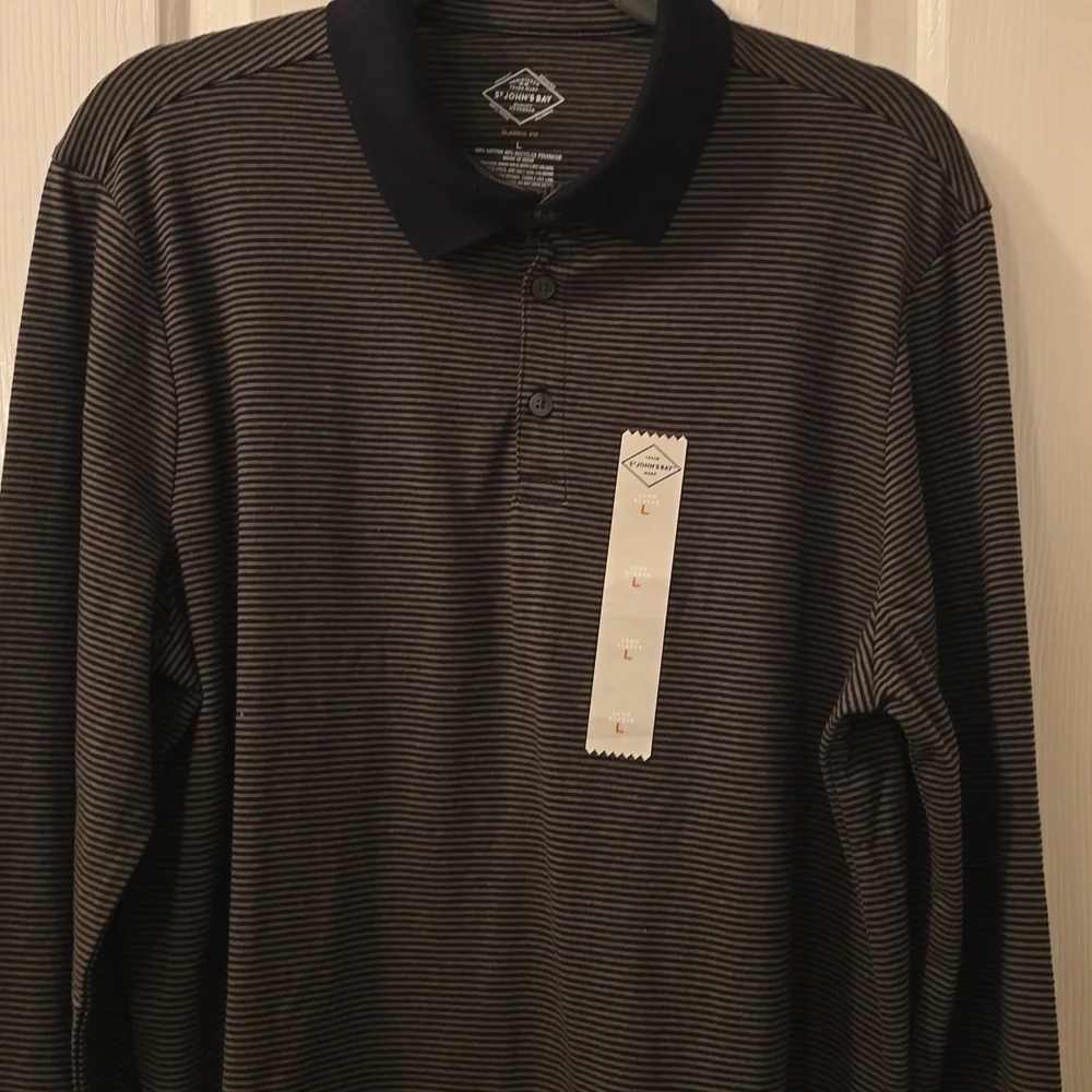 ST. JOHN'S BAY MENS EVERGREEN & BLACK STRIPED LONG SLEEVES POLO SHIRT SIZE LARGE